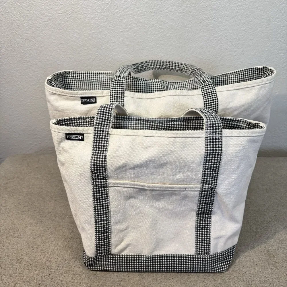 VTG Lands' End Tote Set of 2 Canvas Boat Bag Checkered Trim 90s Size 12x11 16x14